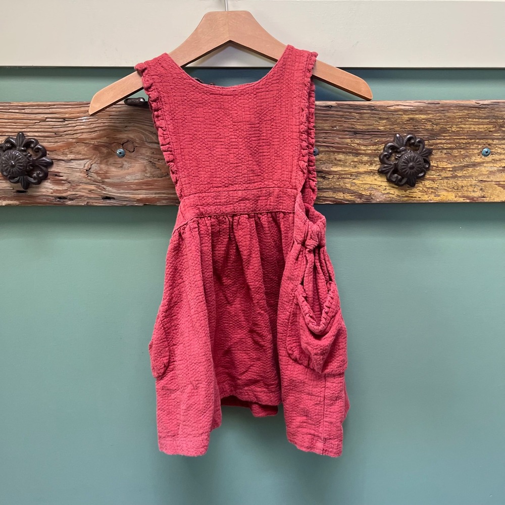 Knotted Fern Girls 2T Terracotta Red Textured Gauze Ruffle Pinafore Dress
